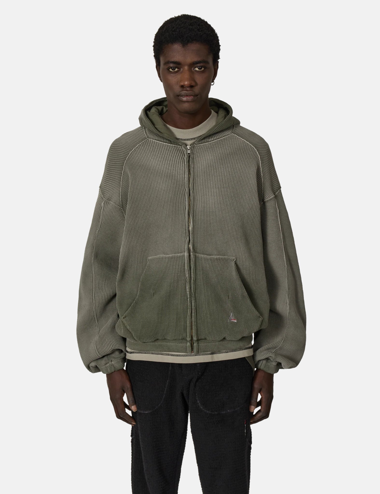 ROA Bee Sun Faded Waffle Zip Up Hoodie - Olive Green